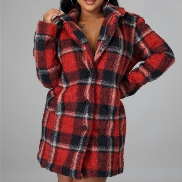 WOMEN’S RED COLLAR PLAID FLANNEL PLUSH TEDDY COAT - Picture 10 of 12